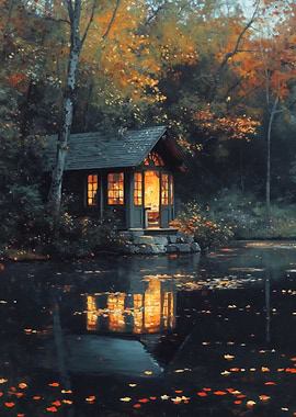 Autumn Cabin by the Lake
