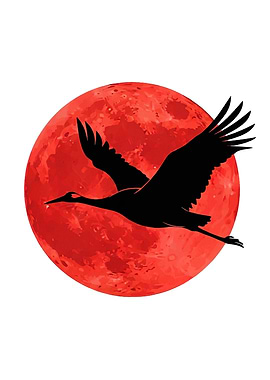 Crane Silhouette with Red Moon