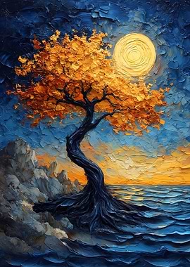 Golden Tree by the Sea Painting