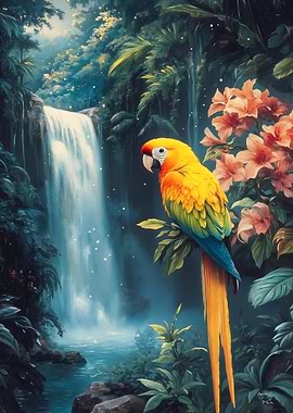 Parrot in Tropical Waterfall Paradise