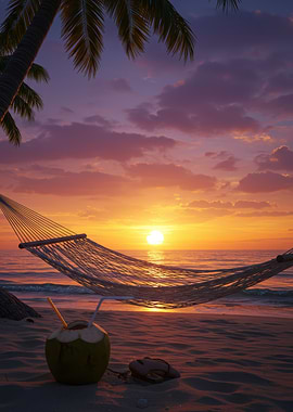 Tropical Beach Sunset with Hammock