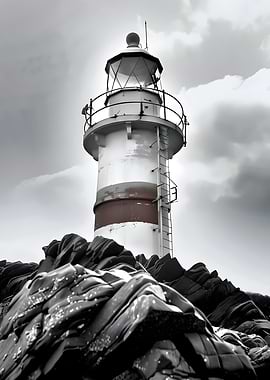 Monochrome Lighthouse on Rocky Coast