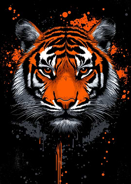 Tiger Portrait with Orange Splatter