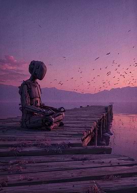 Wooden Figure Meditating on Dock at Sunset
