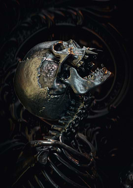 Metallic Skull and Skeleton Sculpture