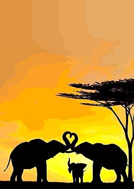 Elephant Family Silhouette at Sunset