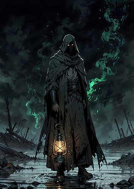 Hooded Figure with Lantern in Ruins