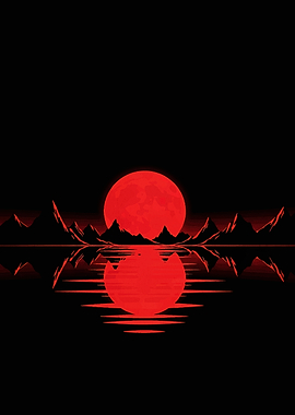 Red Moon Over Mountains Reflection