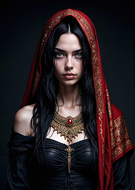 Enigmatic Beauty in Crimson Hood: A Portrait of Ancient Allure