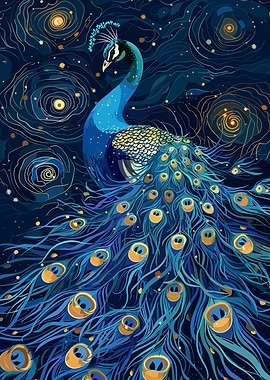 Elegant Peacock in Starry Night