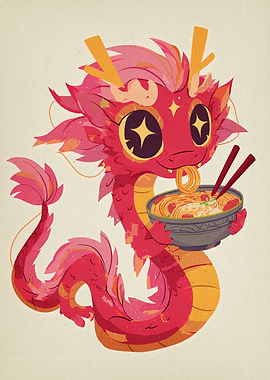 Cute Dragon Eating Noodles Illustration