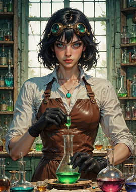 Steampunk Alchemist: Mystic Woman Crafting Emerald Elixirs in Her Rustic Laboratory