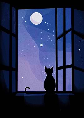 Cat Silhouette at Window, Moonlit Night