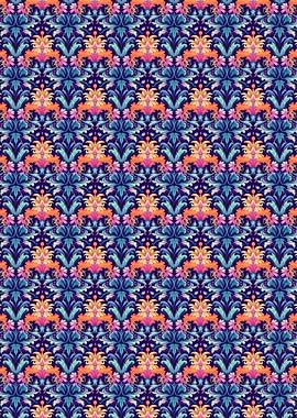 Floral Damask Pattern in Blue and Orange