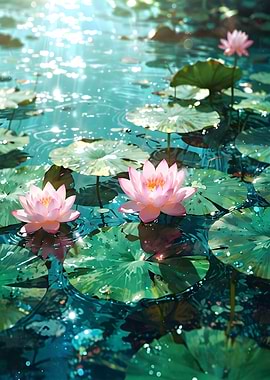 Pink Lotus Flowers in a Pond