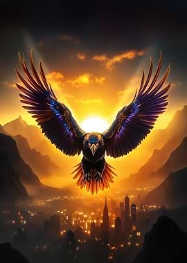 Majestic Eagle Over City at Sunset