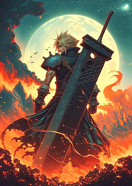 Heroic Sword Clash Amid Fiery Storm