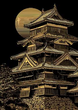 Japanese Castle Under Full Moon Illustration