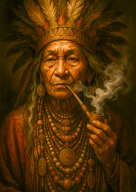 Native American Elder Smoking Pipe Portrait