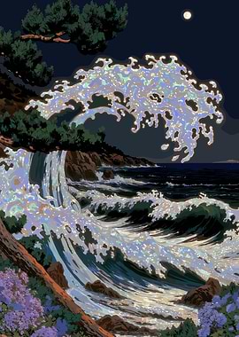 Moonlit Ocean Wave Pixel Art