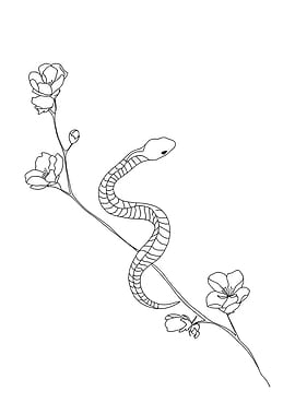 Snake and Flowers Minimalist Line Art