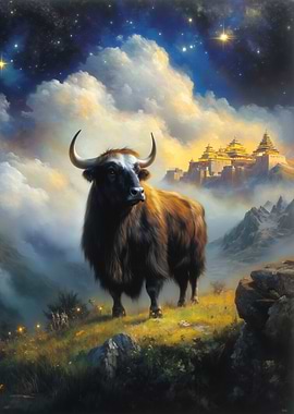 Yak in Mountainous Landscape with Temple
