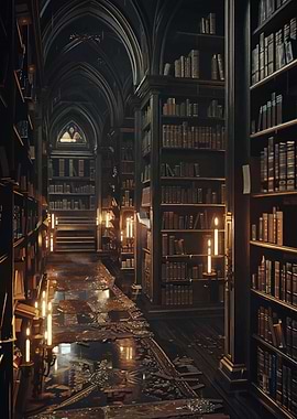 Dark Academia Library with Candlelight