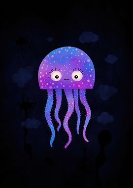 Cute Cartoon Jellyfish in Dark Space