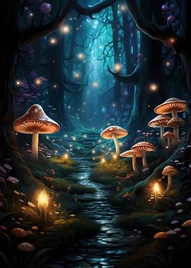 Enchanted Mushroom Forest at Night