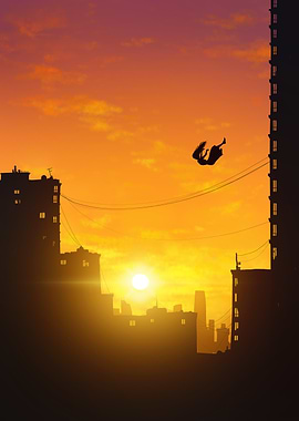 Falling Silhouette in Sunset Cityscape