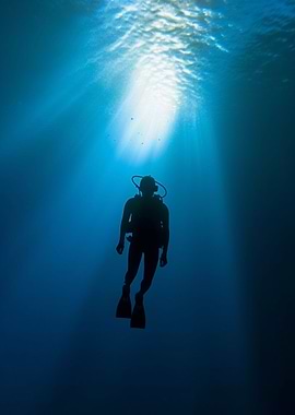 Scuba Diver Silhouette in Deep Blue