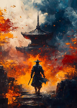 Samurai and Temple in Fiery Landscape
