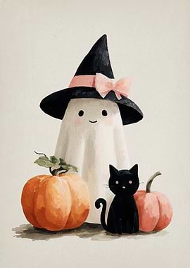 Cute Halloween Ghost, Cat, and Pumpkins