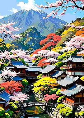 Japanese Village with Mount Fuji