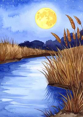 Watercolor River Landscape with Moon