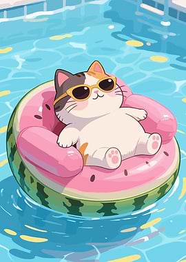 Cat on Watermelon Float in Pool