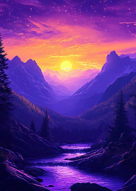Purple Mountain River Sunset Landscape