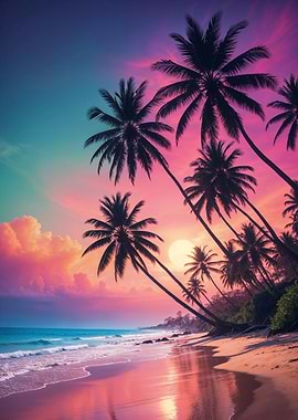 Tropical Beach Sunset with Palm Trees