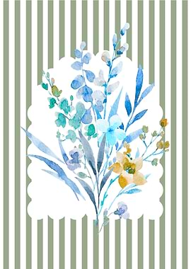 Watercolor Floral Bouquet on Striped Background