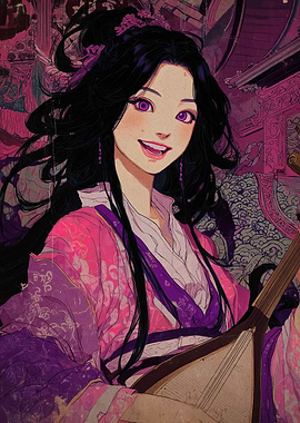 Anime Girl with Lute in Pink