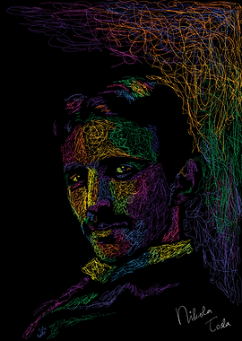 Nikola Tesla Portrait in Colorful Lines
