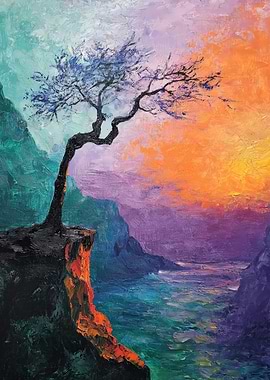 Abstract Painting Sunset Cliff Tree Artwork