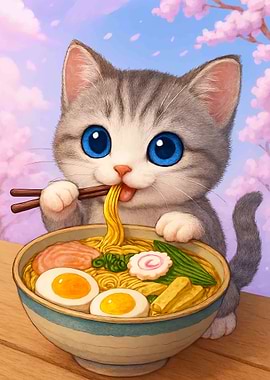 Cute Cat Eating Ramen Illustration