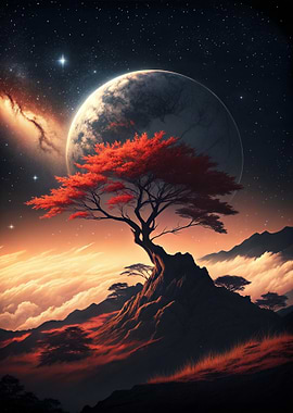 Red Tree Under a Giant Moon