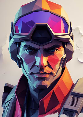 Low-Poly Futuristic Soldier Portrait — Vibrant Neon Helmet Digital Art