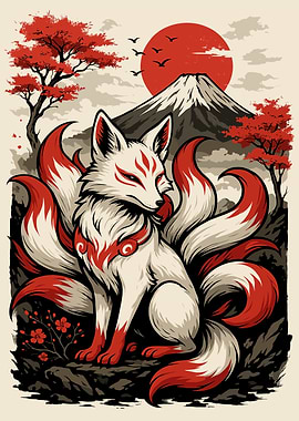 Nine-tailed Fox with Mount Fuji