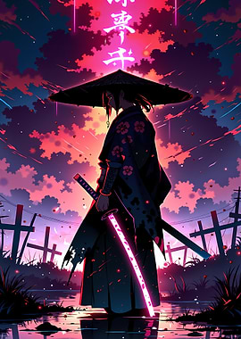 Neon Samurai in a Graveyard