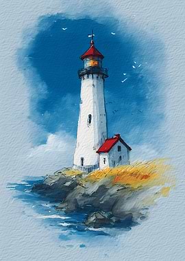 Watercolor Lighthouse by the Sea