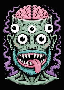 Cartoon Monster with Open Head and Brain