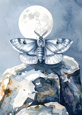 Moth on Rock with Moon Watercolor